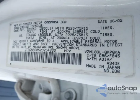 2002 Toyota 4Runner Sr5 V6 z USA, uszkodzony, nr VIN JT3GN86R520254833